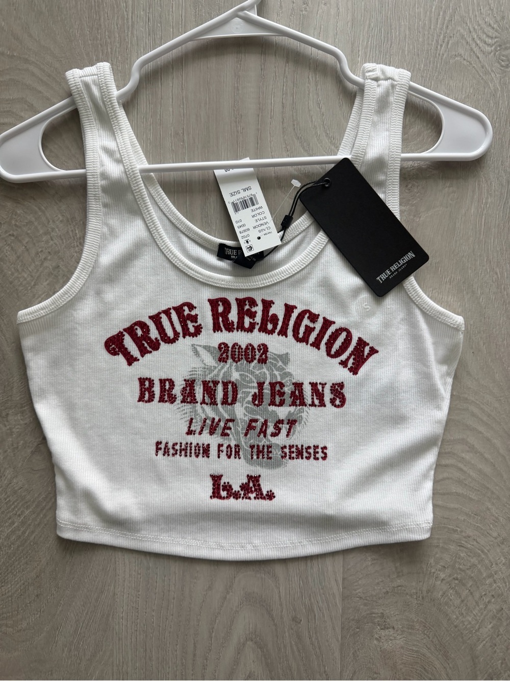 True Religion White Ribbed Crop Tank with Red Graphic Logo AMAZING!